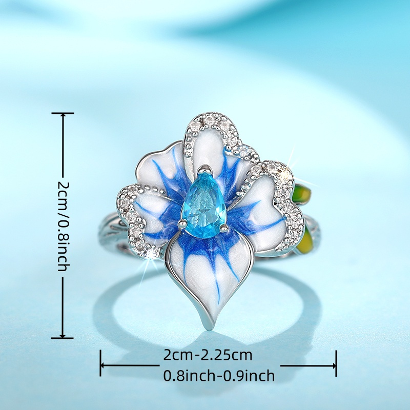 Women's Elegant Sea Blue Zirconia Flower Ring, Casual Gift